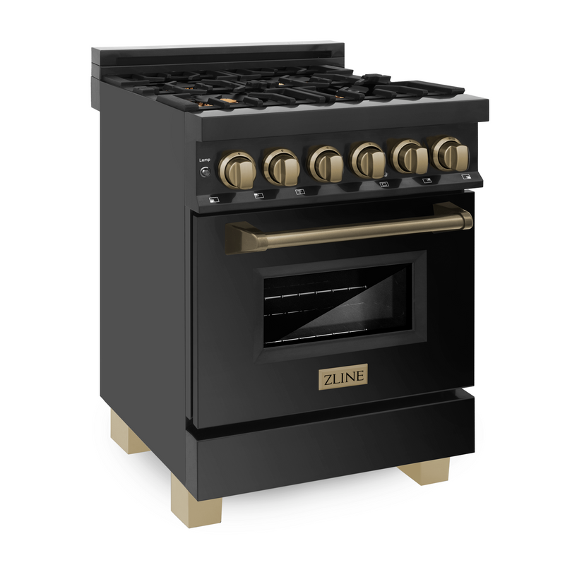 ZLINE Autograph Edition 24 Inch 2.8 cu. ft. Dual Fuel Range with Gas Stove and Electric Oven in Black Stainless Steel with Champagne Bronze Accents, RABZ-24-CB