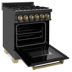 ZLINE Autograph Edition 24 Inch 2.8 cu. ft. Dual Fuel Range with Gas Stove and Electric Oven in Black Stainless Steel with Champagne Bronze Accents, RABZ-24-CB