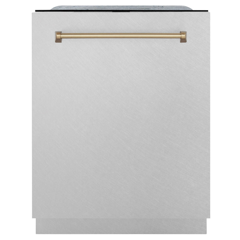 ZLINE Autograph Edition 24 in. Tall Dishwasher, Touch Control in DuraSnow® Stainless Steel with Champagne Bronze Handle, DWMTZ-SN-24-CB