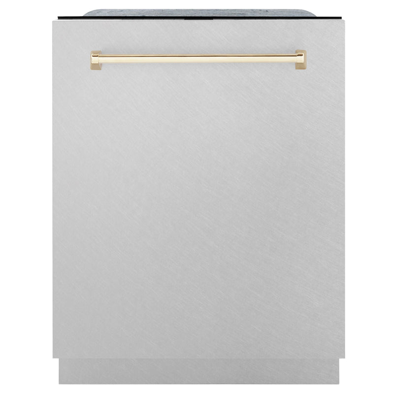 ZLINE Autograph Edition 24 in. Tall Dishwasher, Touch Control in DuraSnow® Stainless Steel with Gold Handle, DWMTZ-SN-24-G