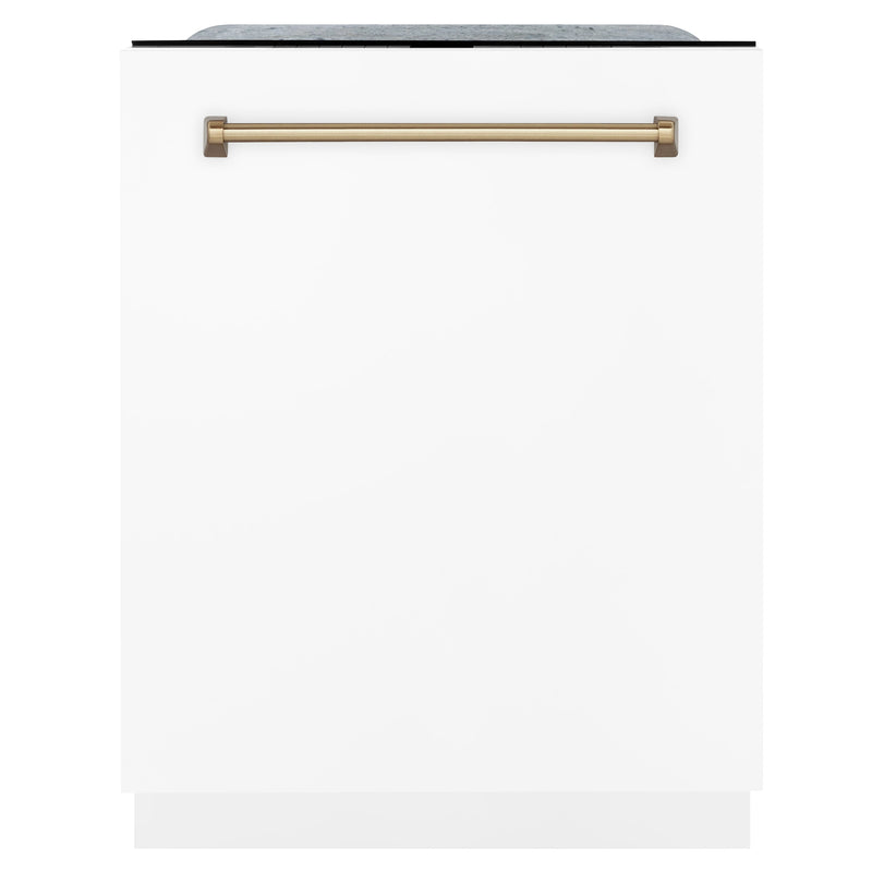 ZLINE Autograph Edition 24 inch Tall Dishwasher, Touch Control, in White Matte with Champagne Bronze Handle, DWMTZ-WM-24-CB