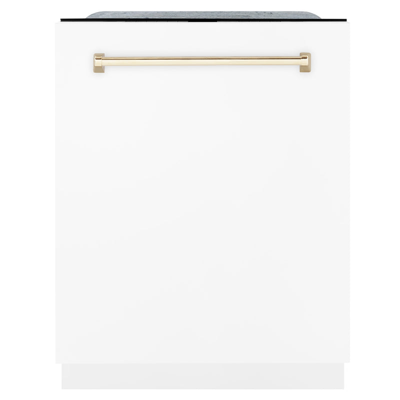 ZLINE Autograph Edition 24 inch Tall Dishwasher, Touch Control, in White Matte with Gold Handle, DWMTZ-WM-24-G