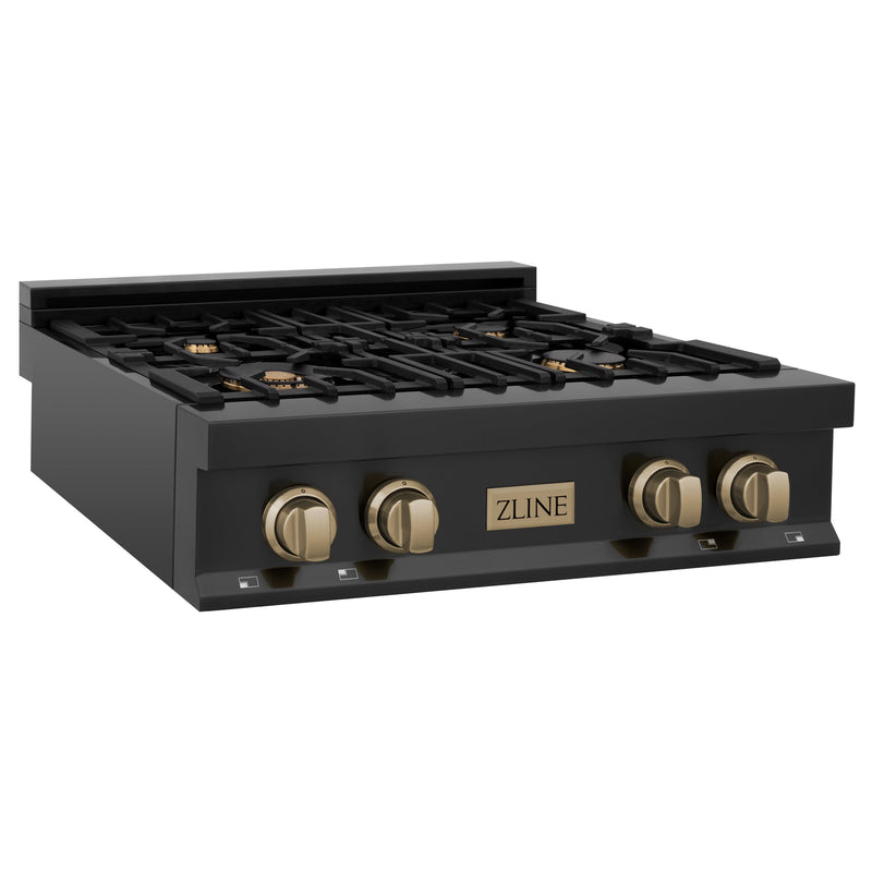 ZLINE Autograph Edition 30 In. Rangetop with 4 Gas Burners in Black Stainless Steel and Champagne Bronze Accents, RTBZ-30-CB