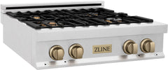 ZLINE Autograph Edition 30 In. Rangetop with 4 Gas Burners in DuraSnow®Stainless Steel and Champagne Bronze Accents, RTSZ-30-CB