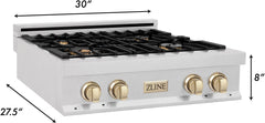 ZLINE Autograph Edition 30 In. Rangetop with 4 Gas Burners in DuraSnow®Stainless Steel and Champagne Bronze Accents, RTSZ-30-CB