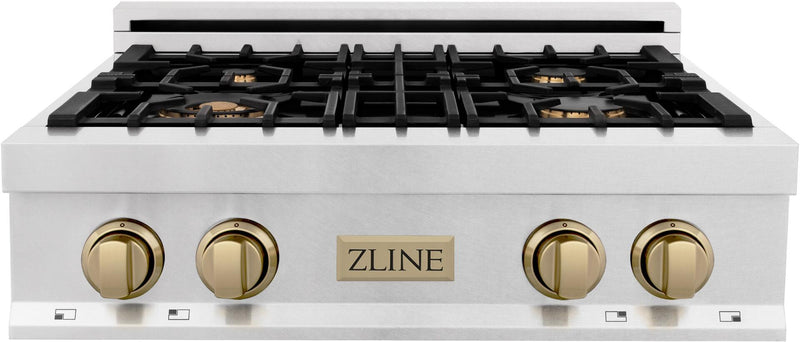 ZLINE Autograph Edition 30 In. Rangetop with 4 Gas Burners in DuraSnow®Stainless Steel and Champagne Bronze Accents, RTSZ-30-CB