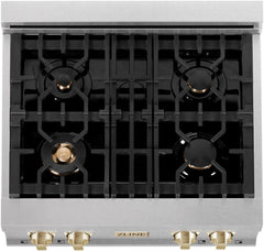 ZLINE Autograph Edition 30 In. Rangetop with 4 Gas Burners in DuraSnow®Stainless Steel and Champagne Bronze Accents, RTSZ-30-CB