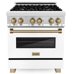 ZLINE Autograph Edition 30 Inch Dual Fuel Range with Gas Stove and Electric Oven in Stainless Steel with White Matte Door, Champagne Bronze Accents, RAZ-WM-30-CB