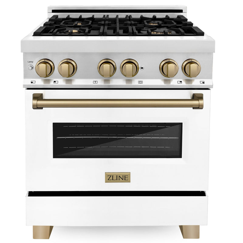 ZLINE Autograph Edition 30 Inch Dual Fuel Range with Gas Stove and Electric Oven in Stainless Steel with White Matte Door, Champagne Bronze Accents, RAZ-WM-30-CB