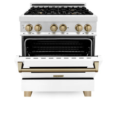 ZLINE Autograph Edition 30 Inch Dual Fuel Range with Gas Stove and Electric Oven in Stainless Steel with White Matte Door, Champagne Bronze Accents, RAZ-WM-30-CB