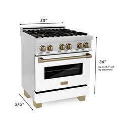 ZLINE Autograph Edition 30 Inch Dual Fuel Range with Gas Stove and Electric Oven in Stainless Steel with White Matte Door, Champagne Bronze Accents, RAZ-WM-30-CB