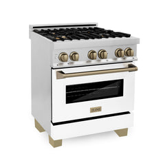 ZLINE Autograph Edition 30 Inch Dual Fuel Range with Gas Stove and Electric Oven in Stainless Steel with White Matte Door, Champagne Bronze Accents, RAZ-WM-30-CB