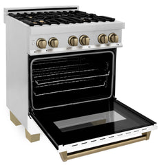 ZLINE Autograph Edition 30 Inch Dual Fuel Range with Gas Stove and Electric Oven in Stainless Steel with White Matte Door, Champagne Bronze Accents, RAZ-WM-30-CB