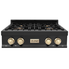 ZLINE Autograph Edition 30 Inch Porcelain Rangetop with 4 Gas Burners in Black Stainless Steel and Gold Accents, RTBZ-30-G