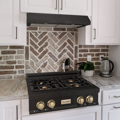 ZLINE Autograph Edition 30 Inch Porcelain Rangetop with 4 Gas Burners in Black Stainless Steel and Gold Accents, RTBZ-30-G