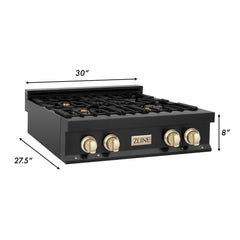 ZLINE Autograph Edition 30 Inch Porcelain Rangetop with 4 Gas Burners in Black Stainless Steel and Gold Accents, RTBZ-30-G