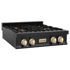 ZLINE Autograph Edition 30 Inch Porcelain Rangetop with 4 Gas Burners in Black Stainless Steel and Gold Accents, RTBZ-30-G