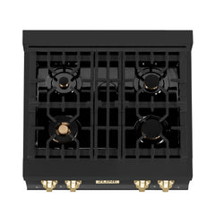 ZLINE Autograph Edition 30 Inch Porcelain Rangetop with 4 Gas Burners in Black Stainless Steel and Gold Accents, RTBZ-30-G