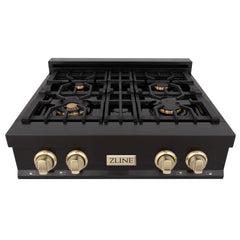 ZLINE Autograph Edition 30 Inch Porcelain Rangetop with 4 Gas Burners in Black Stainless Steel and Gold Accents, RTBZ-30-G