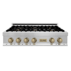 ZLINE Autograph Edition 36 In. Rangetop with 6 Gas Burners in DuraSnow® Stainless Steel and Champagne Bronze Accents, RTSZ-36-CB