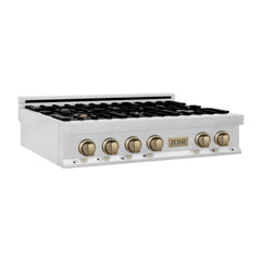 ZLINE Autograph Edition 36 In. Rangetop with 6 Gas Burners in DuraSnow® Stainless Steel and Champagne Bronze Accents, RTSZ-36-CB