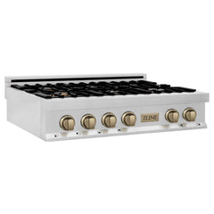 ZLINE Autograph Edition 36 In. Rangetop with 6 Gas Burners in DuraSnow® Stainless Steel and Champagne Bronze Accents, RTSZ-36-CB