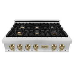 ZLINE Autograph Edition 36 In. Rangetop with 6 Gas Burners in DuraSnow® Stainless Steel and Champagne Bronze Accents, RTSZ-36-CB