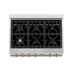 ZLINE Autograph Edition 36 In. Rangetop with 6 Gas Burners in DuraSnow® Stainless Steel and Champagne Bronze Accents, RTSZ-36-CB