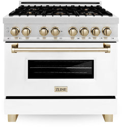 ZLINE Autograph Edition 36 In. Range, Gas Stove and Electric Oven in DuraSnow® Stainless Steel with White Matte Door and Champagne Bronze Accent, RASZ-WM-36-CB