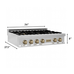 ZLINE Autograph Edition 36 Inch Porcelain Rangetop with 6 Gas Burners in Stainless Steel and Champagne Bronze Accents, RTZ-36-CB