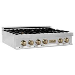 ZLINE Autograph Edition 36 Inch Porcelain Rangetop with 6 Gas Burners in Stainless Steel and Champagne Bronze Accents, RTZ-36-CB