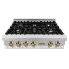 ZLINE Autograph Edition 36 Inch Porcelain Rangetop with 6 Gas Burners in Stainless Steel and Champagne Bronze Accents, RTZ-36-CB