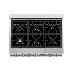 ZLINE Autograph Edition 36 Inch Porcelain Rangetop with 6 Gas Burners in Stainless Steel and Champagne Bronze Accents, RTZ-36-CB