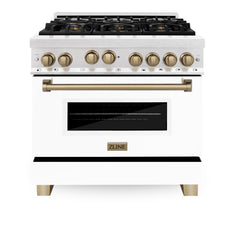 ZLINE Autograph Edition 36 in. Gas Range in DuraSnow® with White Matte Door and Champagne Bronze Accents, RGSZ-WM-36-CB