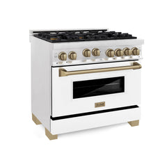 ZLINE Autograph Edition 36 in. Gas Range in DuraSnow® with White Matte Door and Champagne Bronze Accents, RGSZ-WM-36-CB