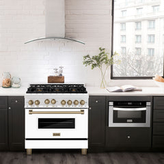 ZLINE Autograph Edition 36 in. Gas Range in DuraSnow® with White Matte Door and Champagne Bronze Accents, RGSZ-WM-36-CB