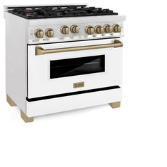 ZLINE Autograph Edition 36 in. Gas Range in DuraSnow® with White Matte Door and Champagne Bronze Accents, RGSZ-WM-36-CB