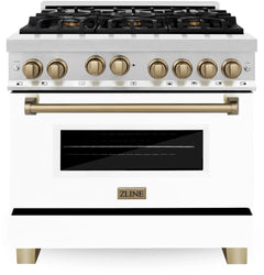 ZLINE Autograph Edition 36 in. Gas Range with White Matte Door and Champagne Bronze Accents, RGZ-WM-36-CB