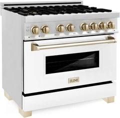 ZLINE Autograph Edition 36 in. Range with Gas Stove, Electric Oven with White Matte Door, Champagne Bronze Accents, RAZ-WM-36-CB