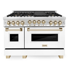 ZLINE Autograph Edition 48 Inch 6.0 cu. ft. Gas Range with White Matte Door, Champagne Bronze Accents, RGZ-WM-48-G