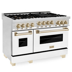 ZLINE Autograph Edition 48 Inch 6.0 cu. ft. Gas Range with White Matte Door, Champagne Bronze Accents, RGZ-WM-48-G