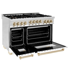 ZLINE Autograph Edition 48 Inch 6.0 cu. ft. Gas Range with White Matte Door, Champagne Bronze Accents, RGZ-WM-48-G