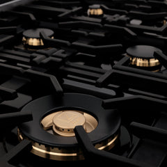 ZLINE Autograph Edition 48 Inch Porcelain Rangetop with 7 Gas Burners in Black Stainless Steel and Gold Accents, RTBZ-48-G