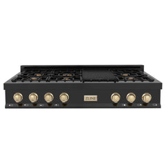 ZLINE Autograph Edition 48 Inch Porcelain Rangetop with 7 Gas Burners in Black Stainless Steel and Gold Accents, RTBZ-48-G