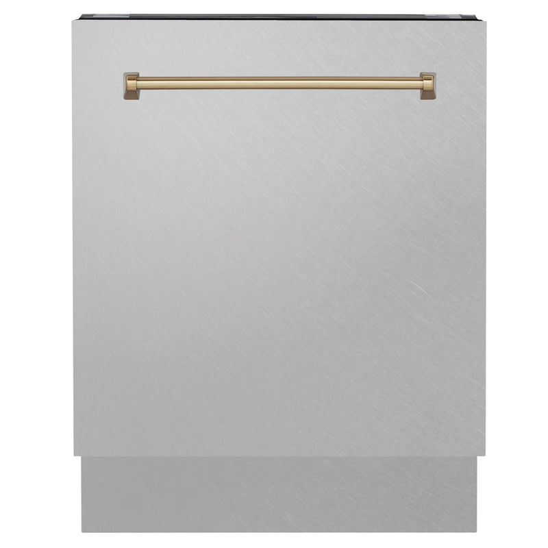 ZLINE Autograph Series 24 inch Tall Dishwasher in DuraSnow® Stainless Steel with Champagne Bronze Handle, DWVZ-SN-24-CB