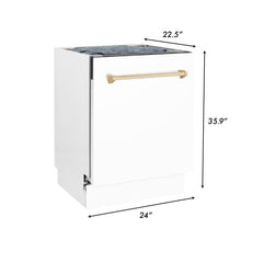 ZLINE Autograph Series 24 inch Tall Dishwasher in White Matte with Gold Handle, DWVZ-WM-24-G