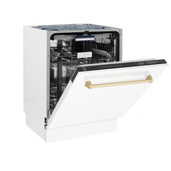 ZLINE Autograph Series 24 inch Tall Dishwasher in White Matte with Gold Handle, DWVZ-WM-24-G