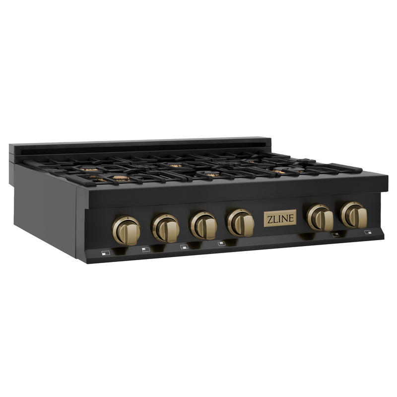 ZLINE Autograph Edition 36 Inch Porcelain Rangetop with 6 Gas Burners in Black Stainless Steel and Champagne Bronze Accents, RTBZ-36-CB