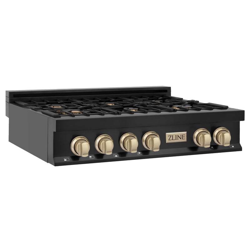 ZLINE Autograph Edition 36 Inch Porcelain Rangetop with 6 Gas Burners in Black Stainless Steel and Gold Accents, RTBZ-36-G