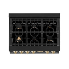 ZLINE Autograph Edition 36 Inch Porcelain Rangetop with 6 Gas Burners in Black Stainless Steel and Gold Accents, RTBZ-36-G